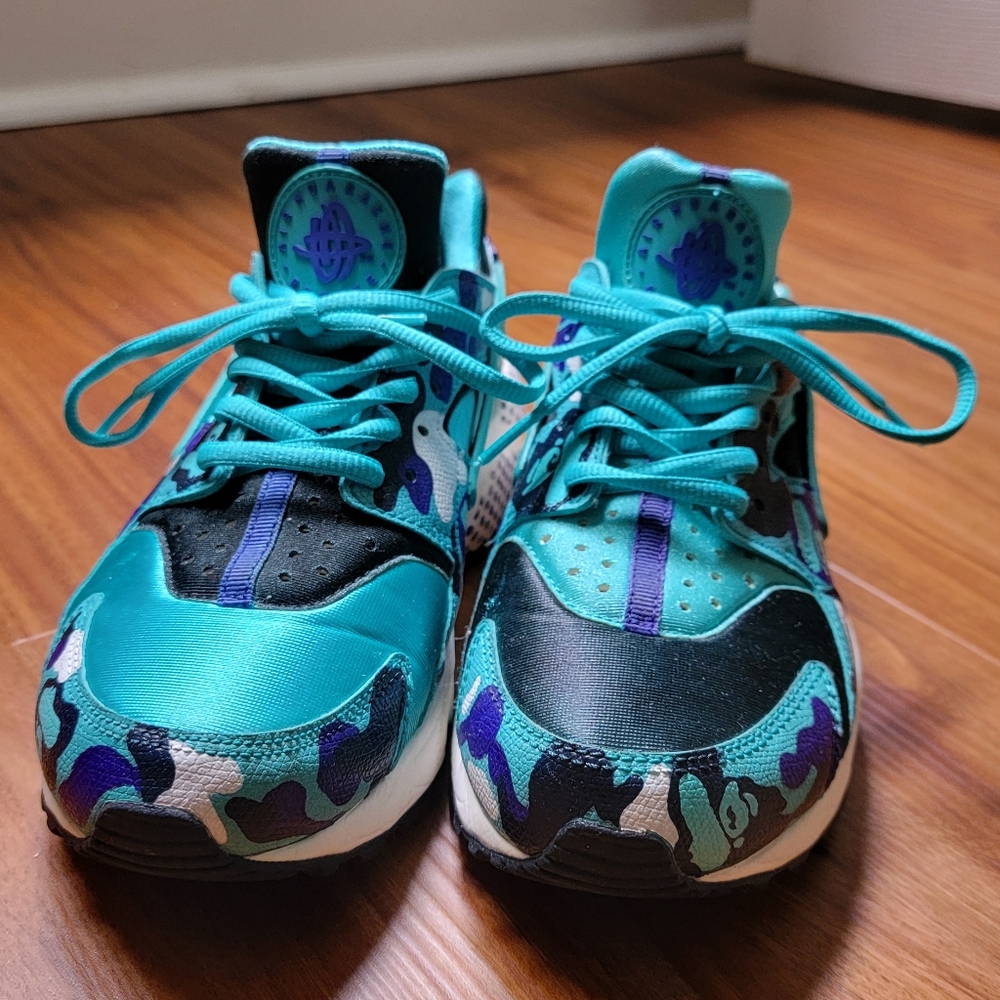 Upcycled Nike Huarache teal camo print sneakers